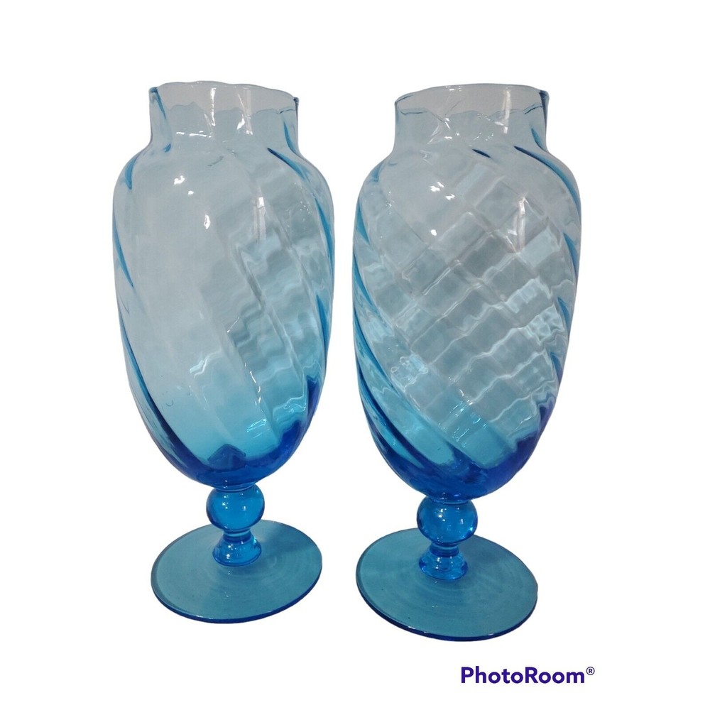 Vintage Empoli Blue Optic Glass Compote Vase Pair Mid Century Hand Blown MCM